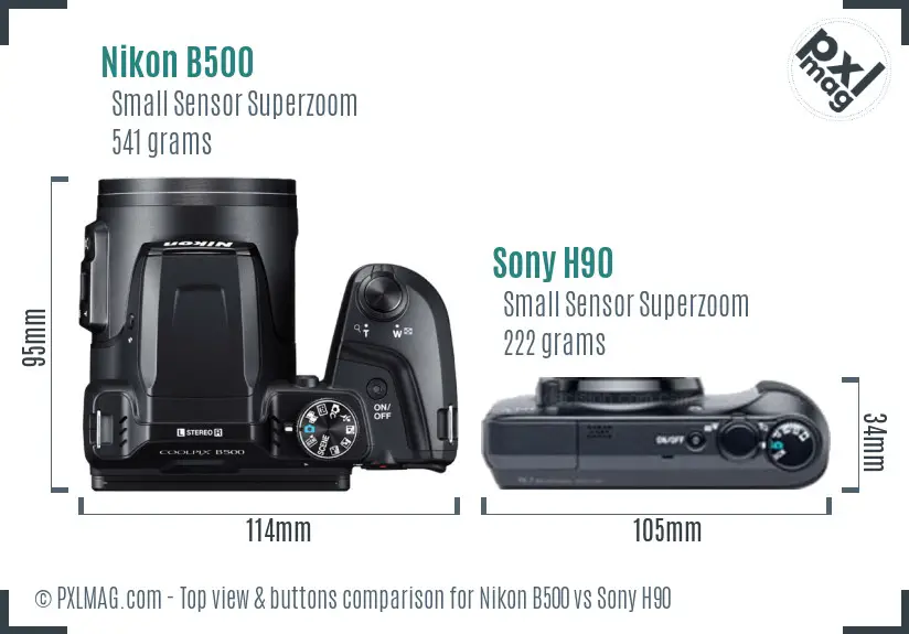 Nikon B500 vs Sony H90 top view buttons comparison