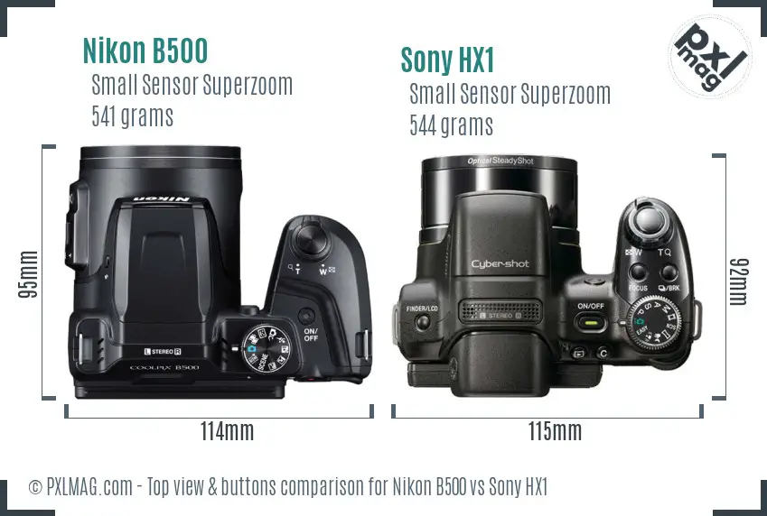 Nikon B500 vs Sony HX1 top view buttons comparison