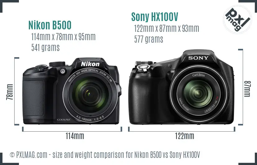Nikon B500 vs Sony HX100V size comparison