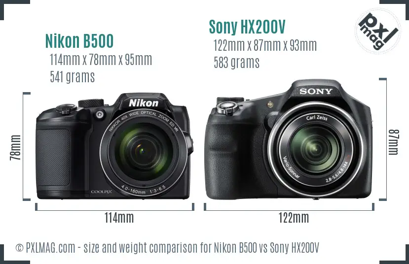 Nikon B500 vs Sony HX200V size comparison