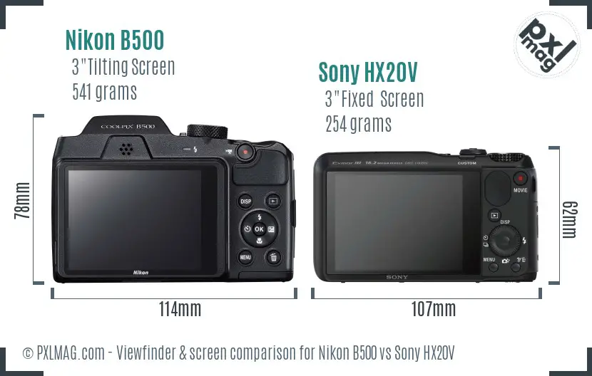 Nikon B500 vs Sony HX20V Screen and Viewfinder comparison