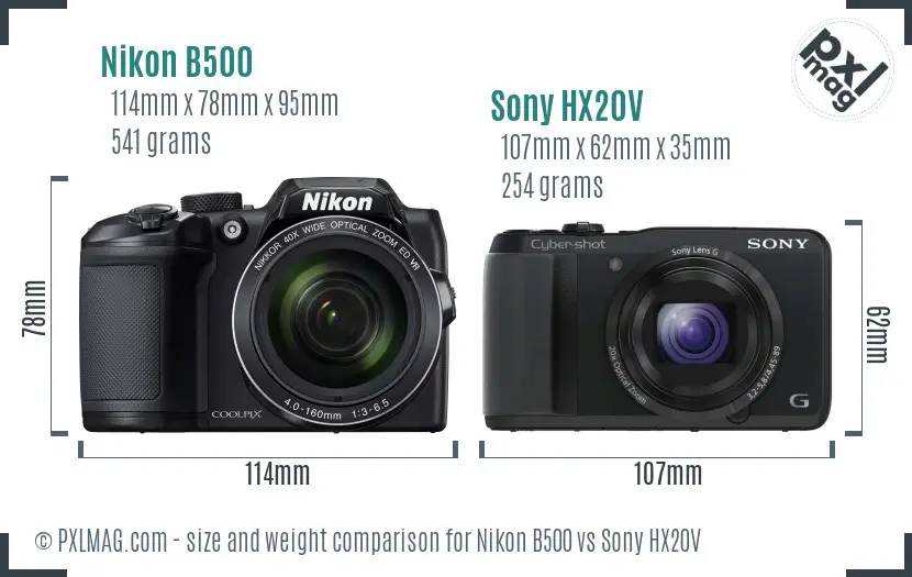 Nikon B500 vs Sony HX20V size comparison