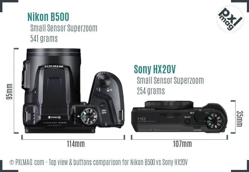 Nikon B500 vs Sony HX20V top view buttons comparison