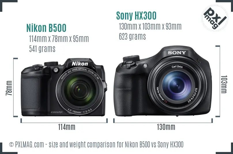 Nikon B500 vs Sony HX300 size comparison