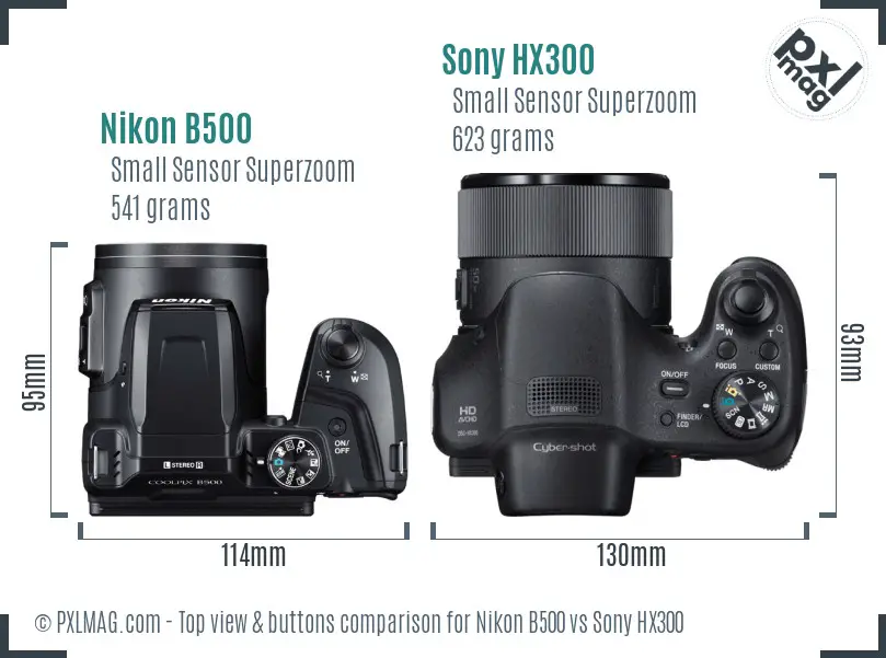 Nikon B500 vs Sony HX300 top view buttons comparison