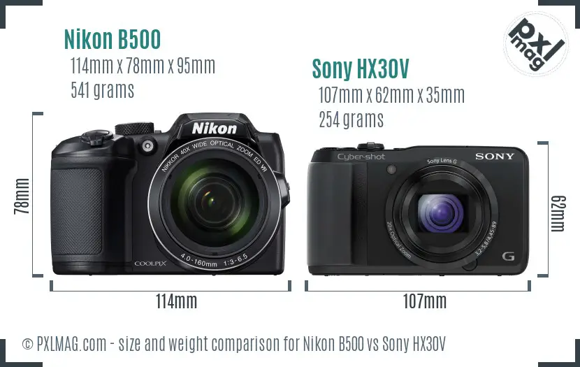 Nikon B500 vs Sony HX30V size comparison