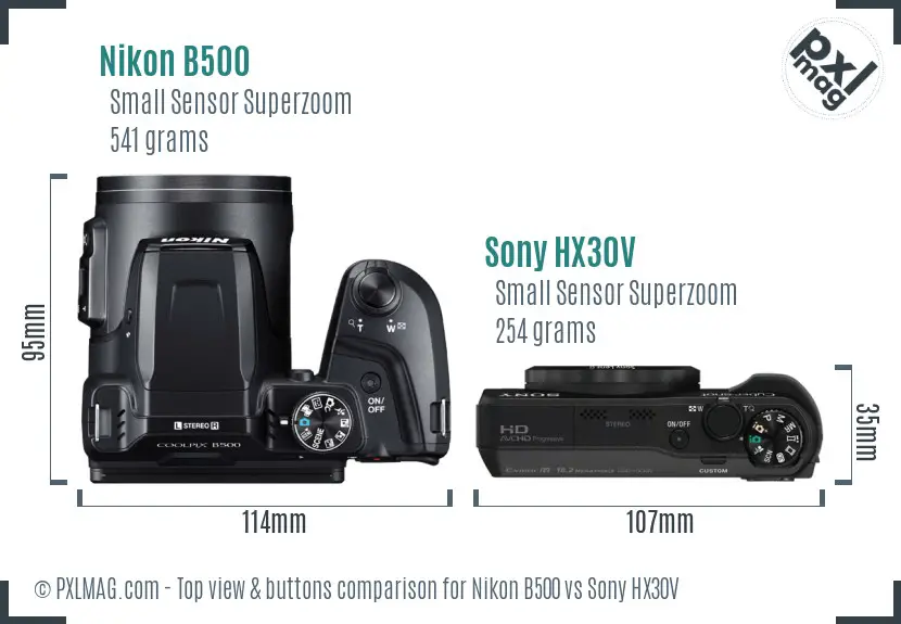 Nikon B500 vs Sony HX30V top view buttons comparison
