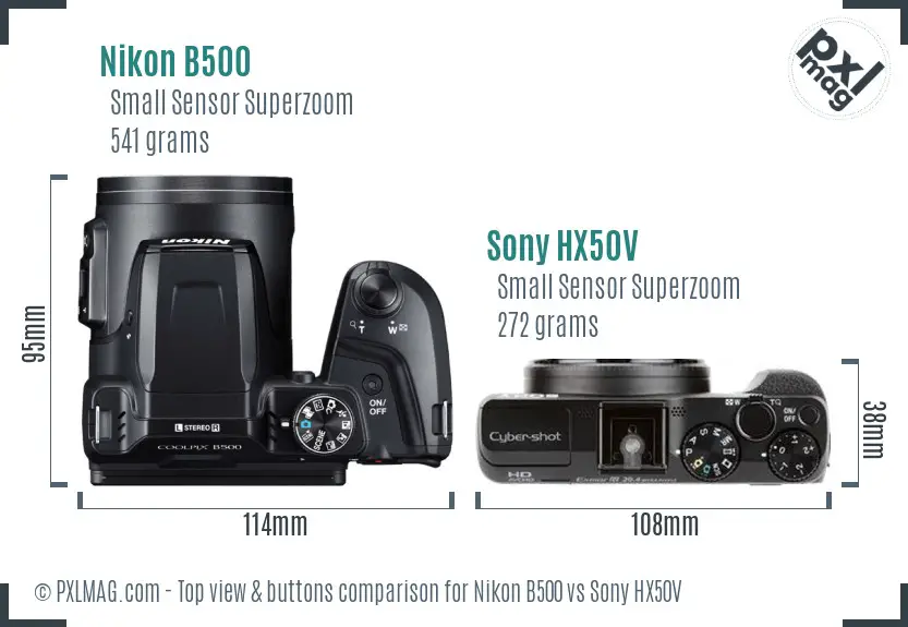 Nikon B500 vs Sony HX50V top view buttons comparison