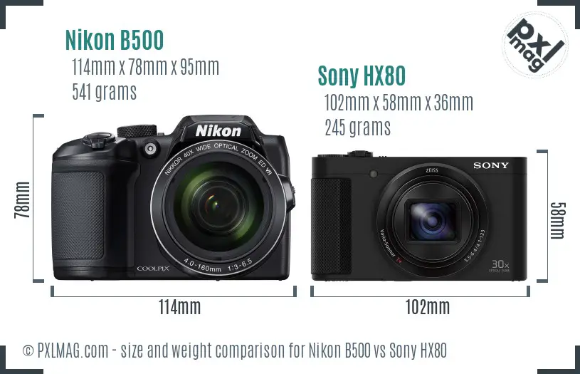 Nikon B500 vs Sony HX80 size comparison