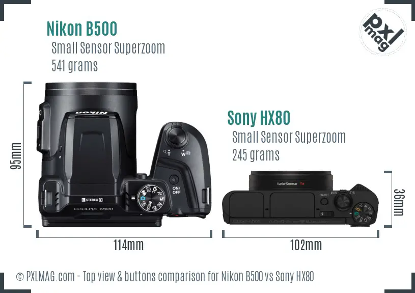Nikon B500 vs Sony HX80 top view buttons comparison