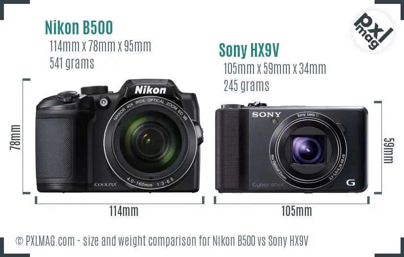 Nikon B500 vs Sony HX9V size comparison