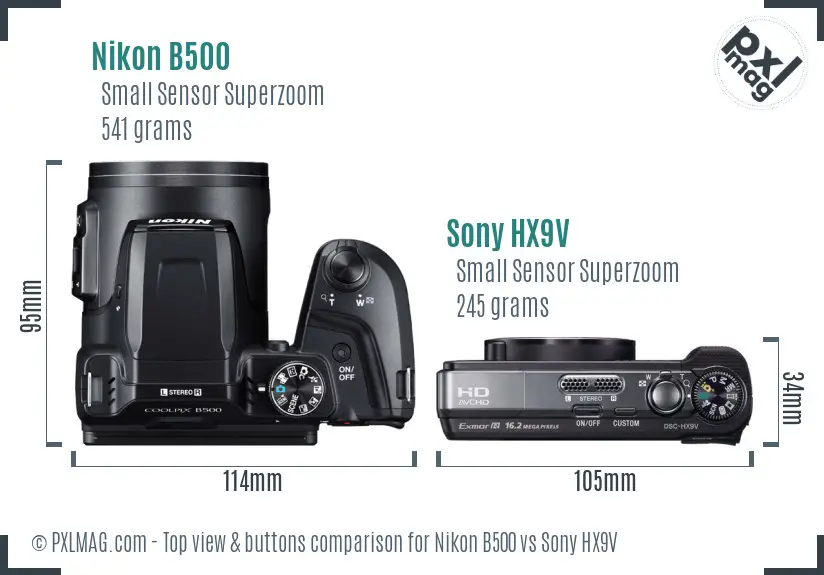 Nikon B500 vs Sony HX9V top view buttons comparison