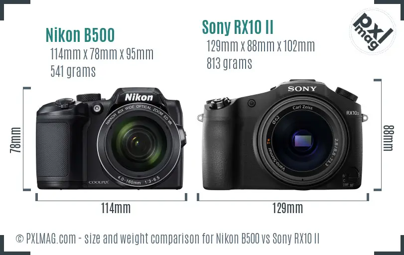 Nikon B500 vs Sony RX10 II size comparison