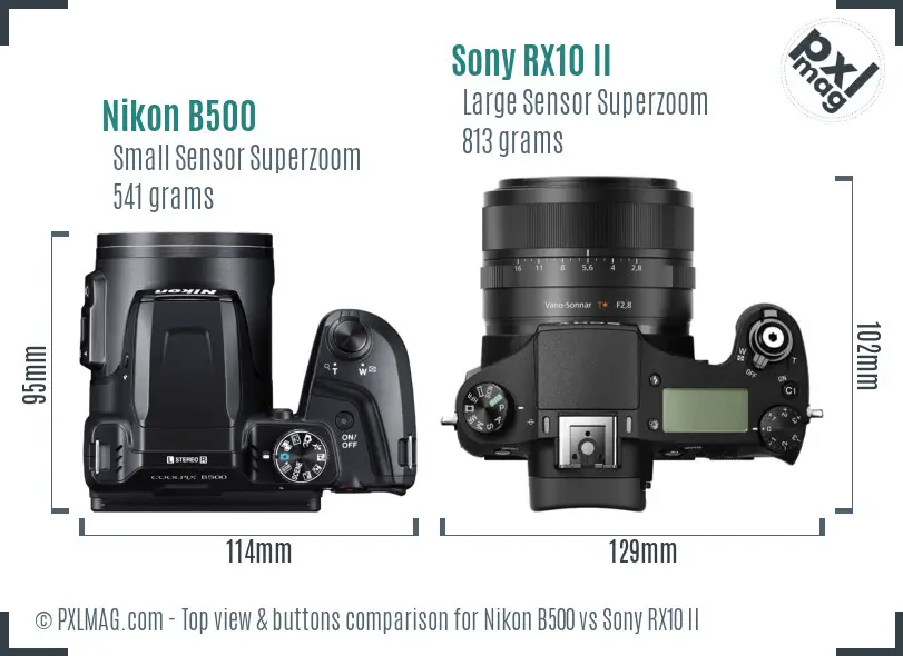 Nikon B500 vs Sony RX10 II top view buttons comparison