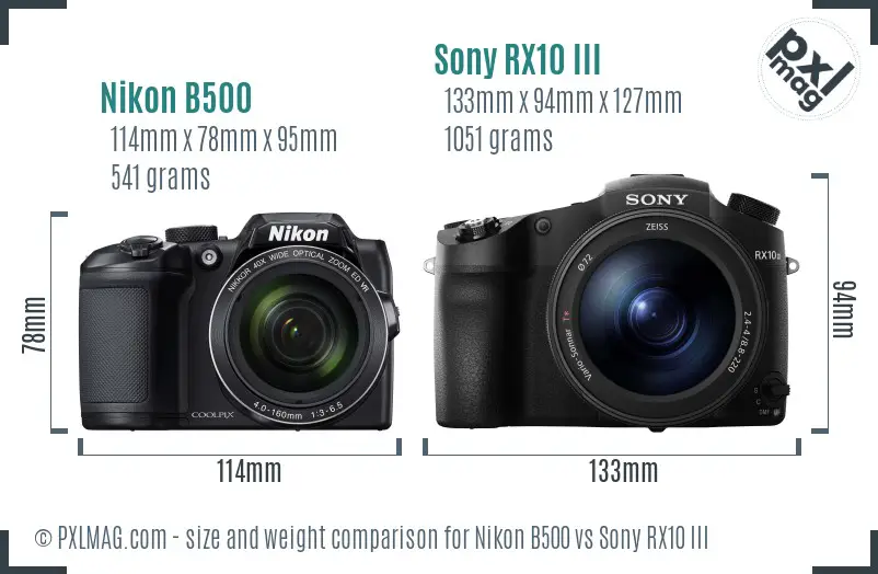 Nikon B500 vs Sony RX10 III size comparison