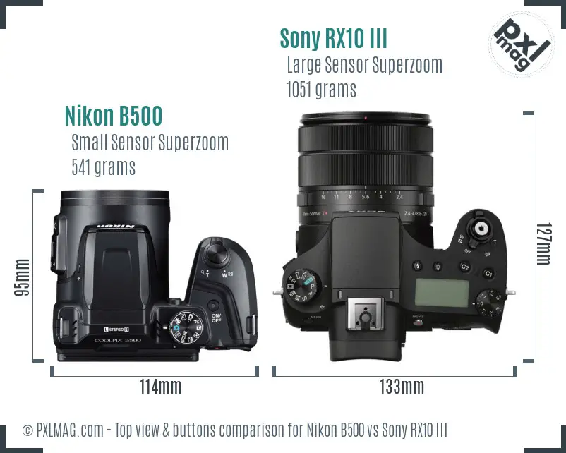 Nikon B500 vs Sony RX10 III top view buttons comparison