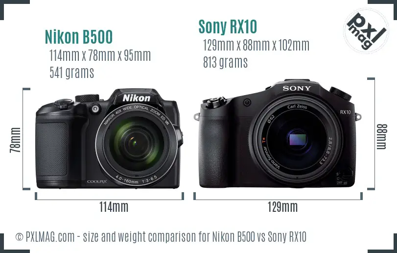 Nikon B500 vs Sony RX10 size comparison