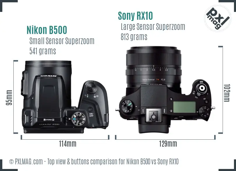 Nikon B500 vs Sony RX10 top view buttons comparison