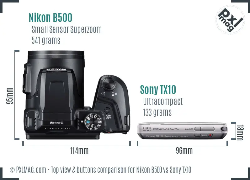 Nikon B500 vs Sony TX10 top view buttons comparison