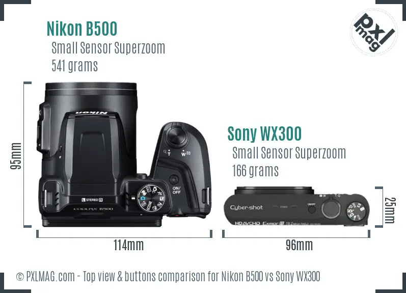 Nikon B500 vs Sony WX300 top view buttons comparison