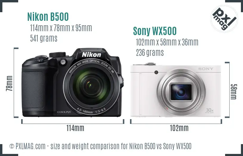 Nikon B500 vs Sony WX500 size comparison