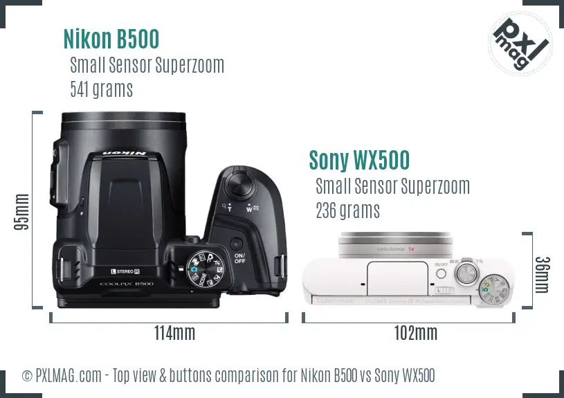 Nikon B500 vs Sony WX500 top view buttons comparison