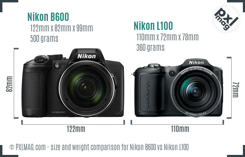 Nikon B600 vs Nikon L100 size comparison