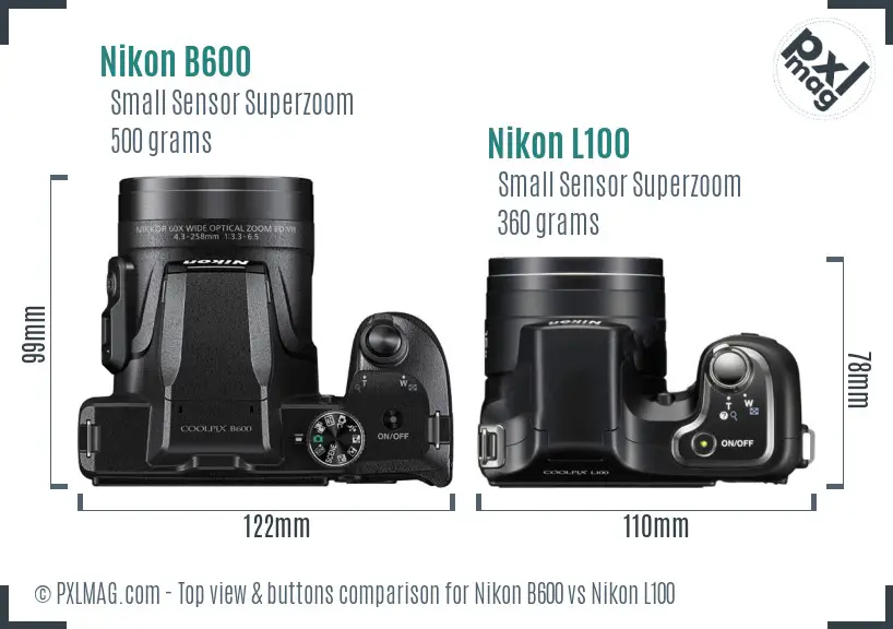 Nikon B600 vs Nikon L100 top view buttons comparison