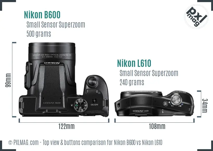 Nikon B600 vs Nikon L610 top view buttons comparison