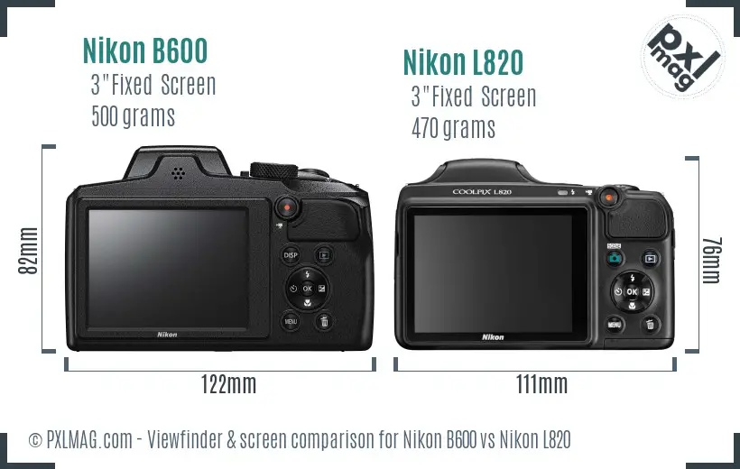 Nikon B600 vs Nikon L820 Screen and Viewfinder comparison
