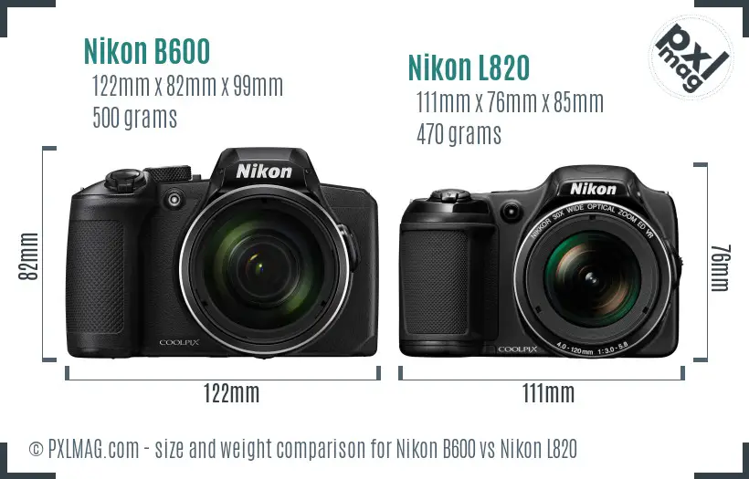 Nikon B600 vs Nikon L820 size comparison