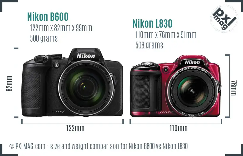 Nikon B600 vs Nikon L830 size comparison