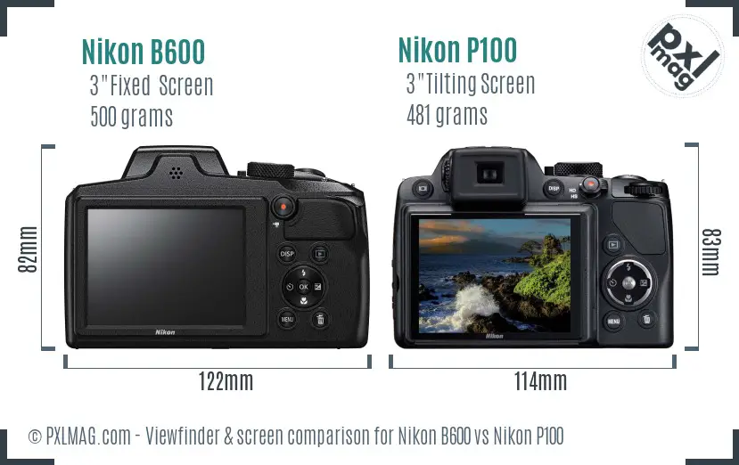 Nikon B600 vs Nikon P100 Screen and Viewfinder comparison