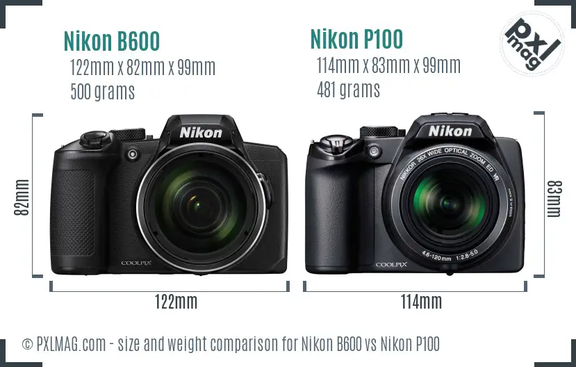 Nikon B600 vs Nikon P100 size comparison