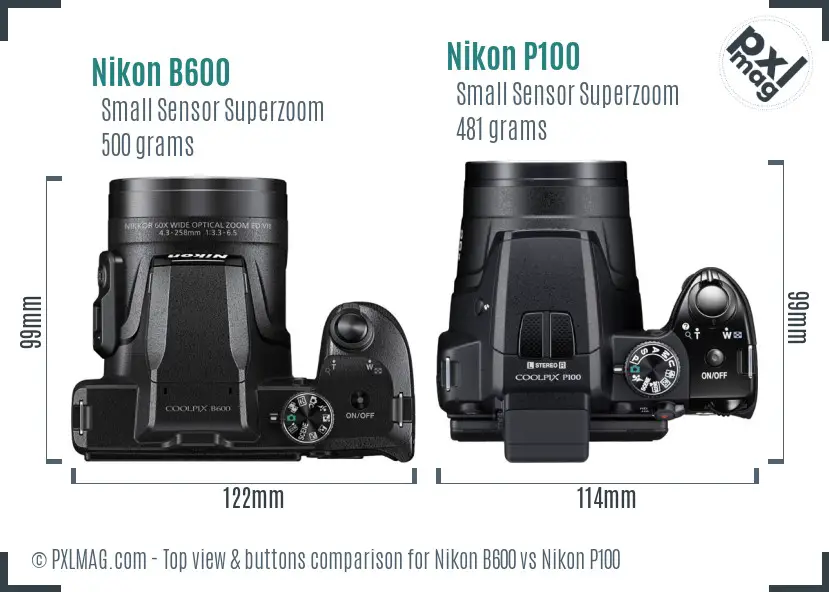 Nikon B600 vs Nikon P100 top view buttons comparison