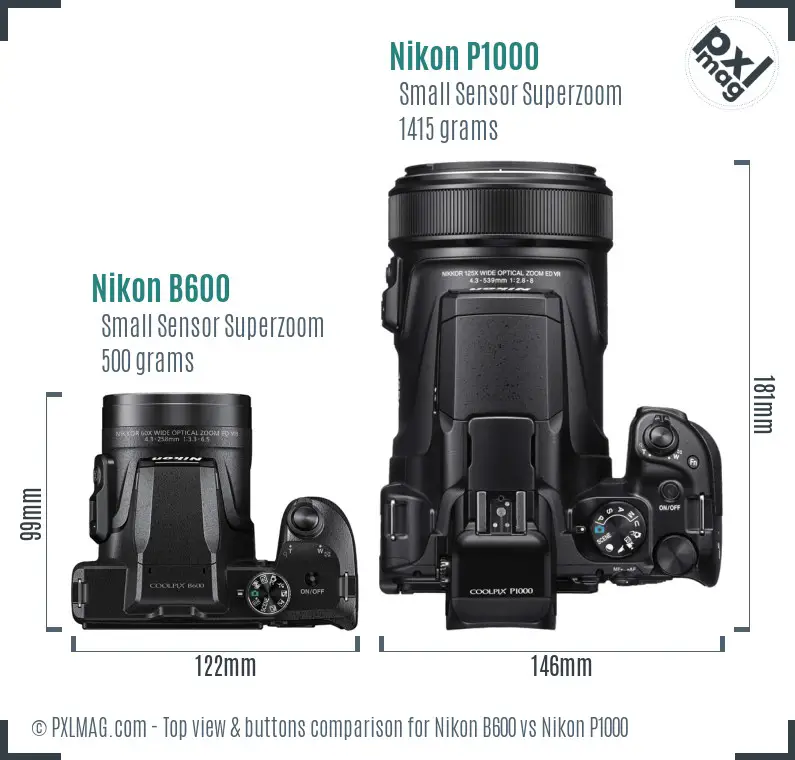 Nikon B600 vs Nikon P1000 top view buttons comparison