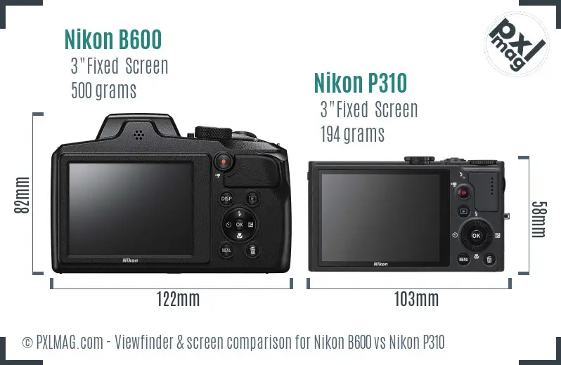 Nikon B600 vs Nikon P310 Screen and Viewfinder comparison