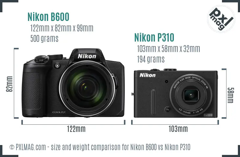 Nikon B600 vs Nikon P310 size comparison