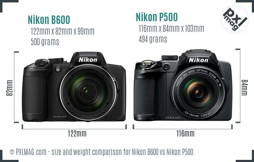 Nikon B600 vs Nikon P500 size comparison