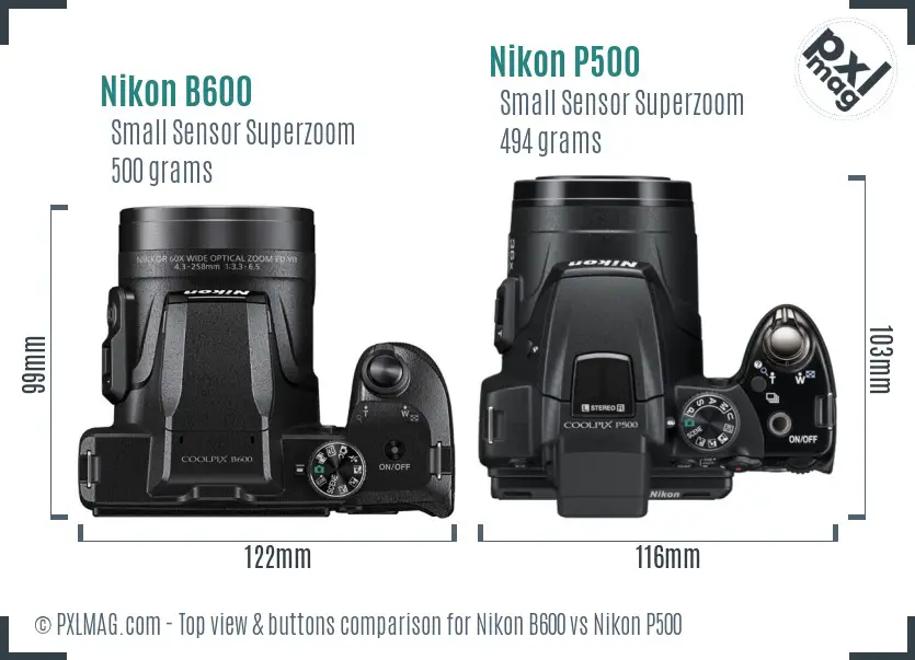 Nikon B600 vs Nikon P500 top view buttons comparison