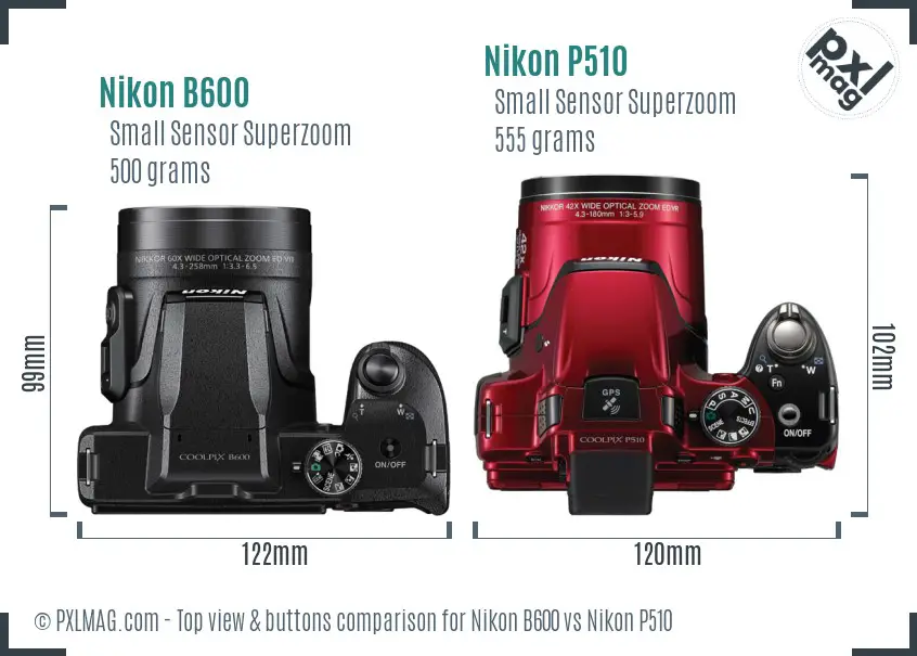 Nikon B600 vs Nikon P510 top view buttons comparison