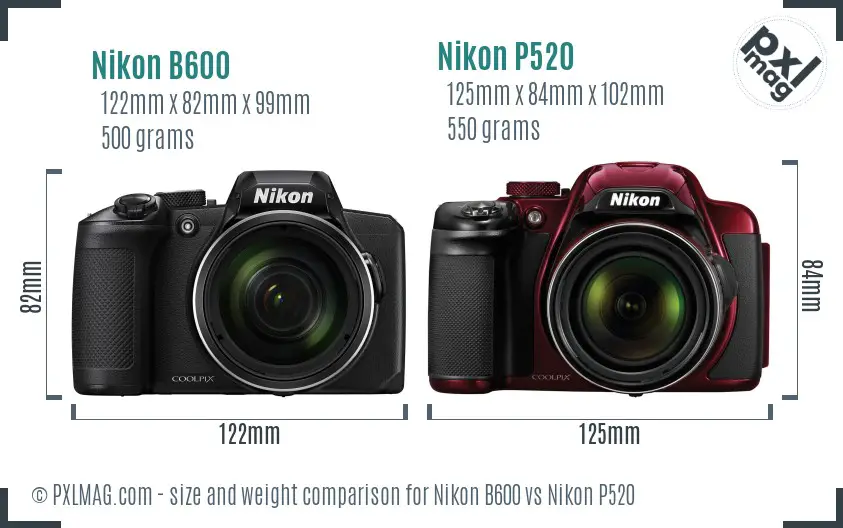 Nikon B600 vs Nikon P520 size comparison