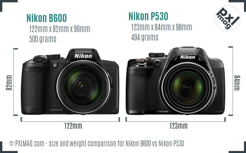 Nikon B600 vs Nikon P530 size comparison