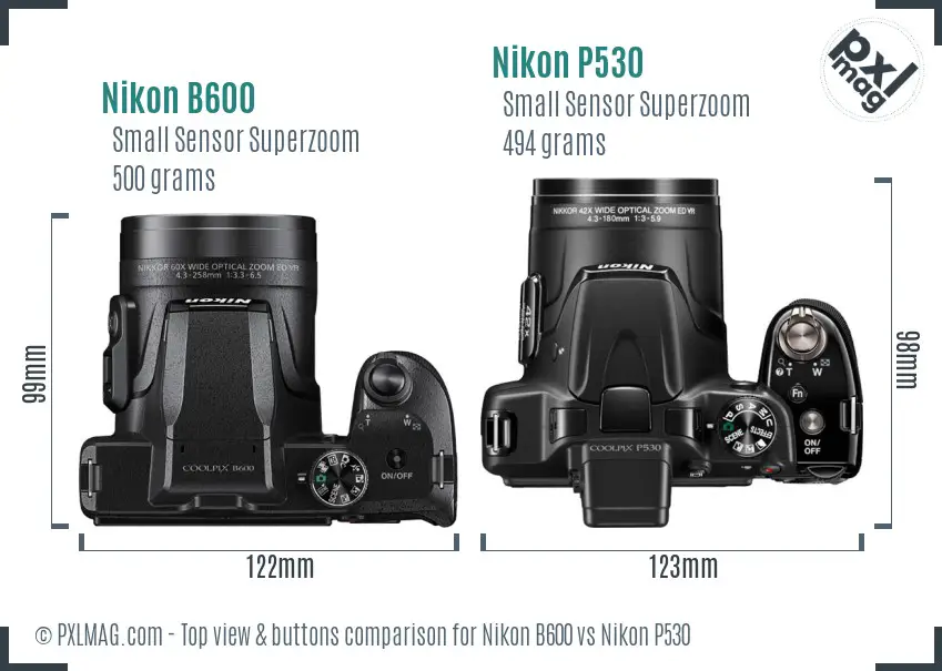 Nikon B600 vs Nikon P530 top view buttons comparison