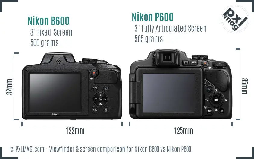Nikon B600 vs Nikon P600 Screen and Viewfinder comparison
