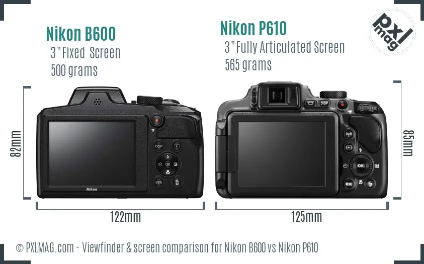 Nikon B600 vs Nikon P610 Screen and Viewfinder comparison