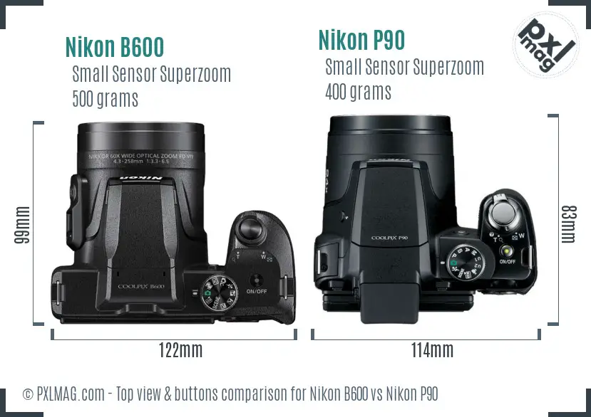 Nikon B600 vs Nikon P90 top view buttons comparison