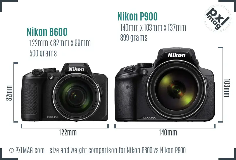 Nikon B600 vs Nikon P900 size comparison