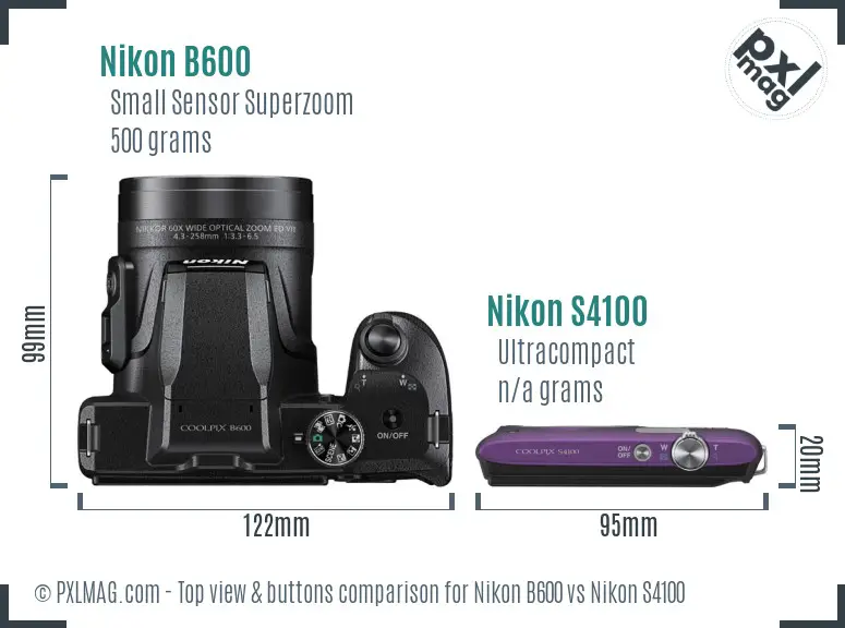 Nikon B600 vs Nikon S4100 top view buttons comparison