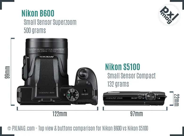 Nikon B600 vs Nikon S5100 top view buttons comparison